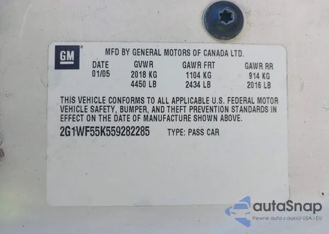 2005 Chevrolet Impala Police Pkg Police Pkg 9C1 from USA, damaged, VIN 2G1WF55K559282285